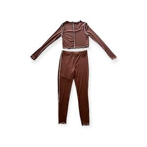 Capella set crop top leggings pants set  lettuce-edge new nwt small brown white